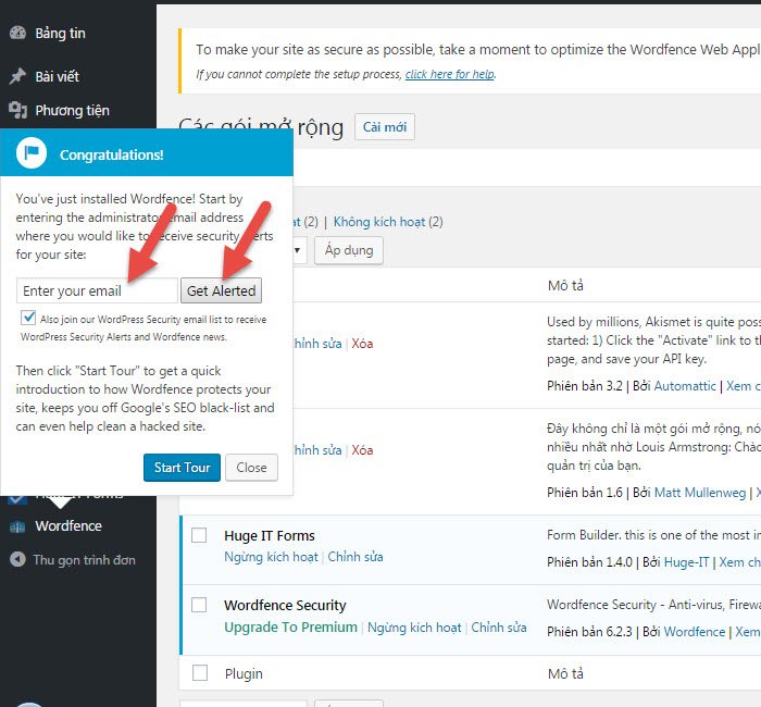 Điền email nhận thông báo Wordfence Security