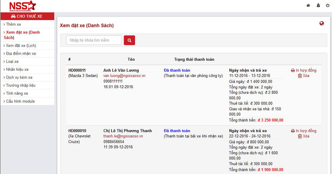 Xem danh sách đặt xe theo dạnh list